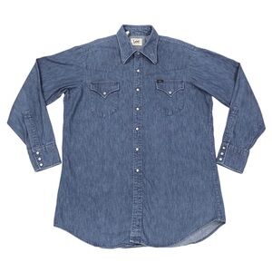 Vintage Lee Western Pearl Snap Denim Shirt Extra Long Tails Men's Size 2XL Blue